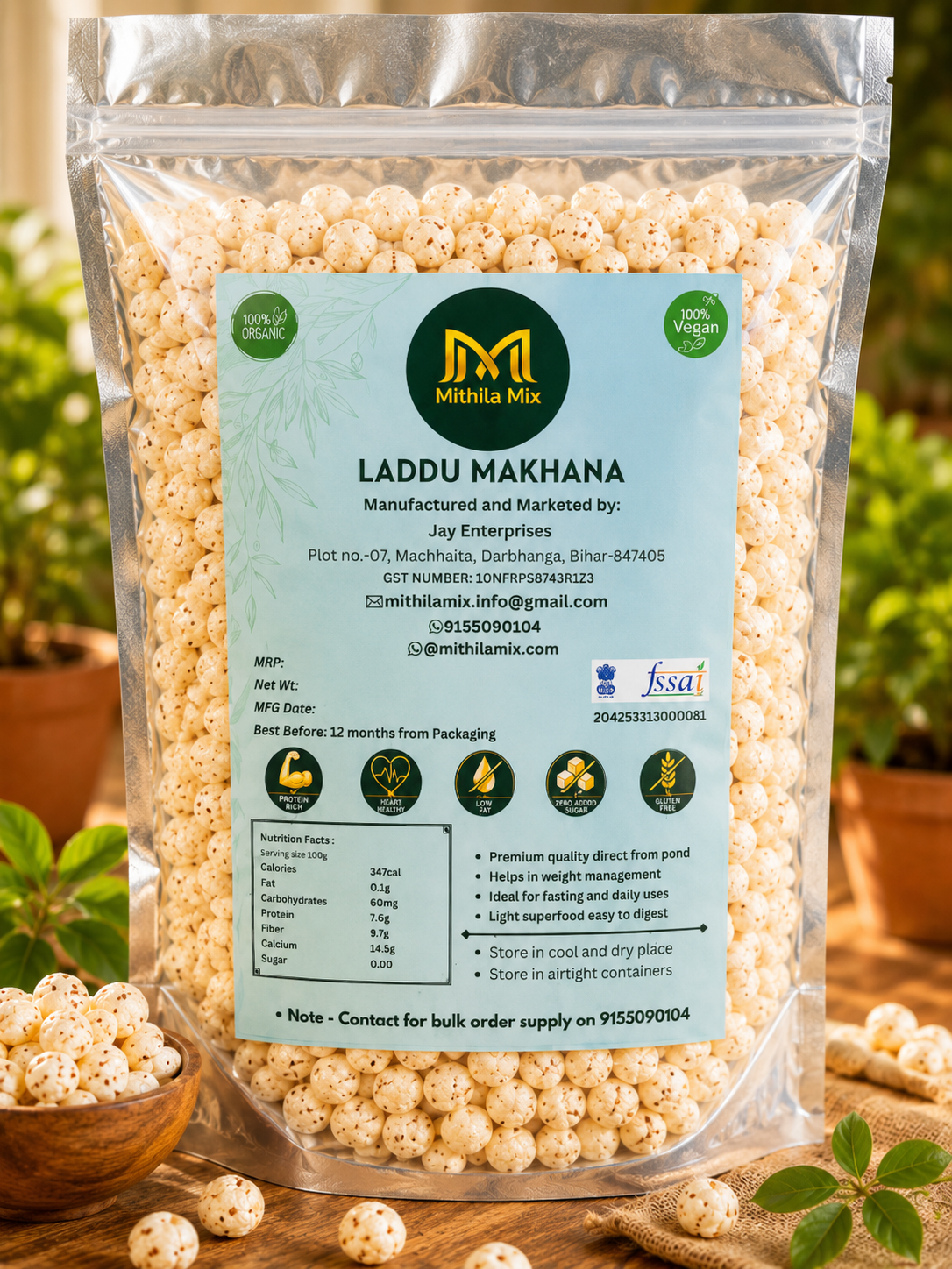 Packaged Laddu Makhana with Mithila Mix label 